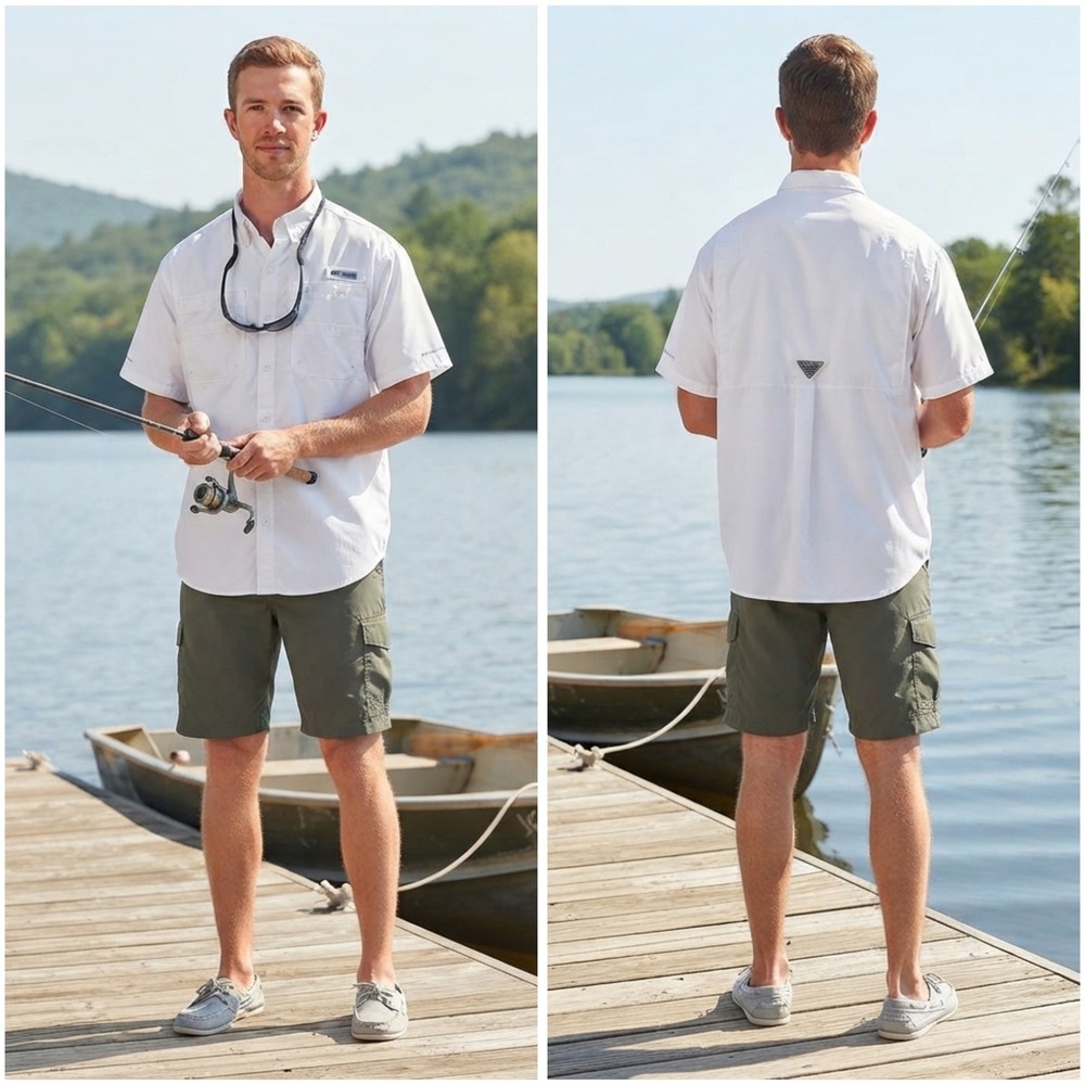 Columbia PFG Tamiami II White Short Sleeve Fishing Shirt Mens Small UPF 40